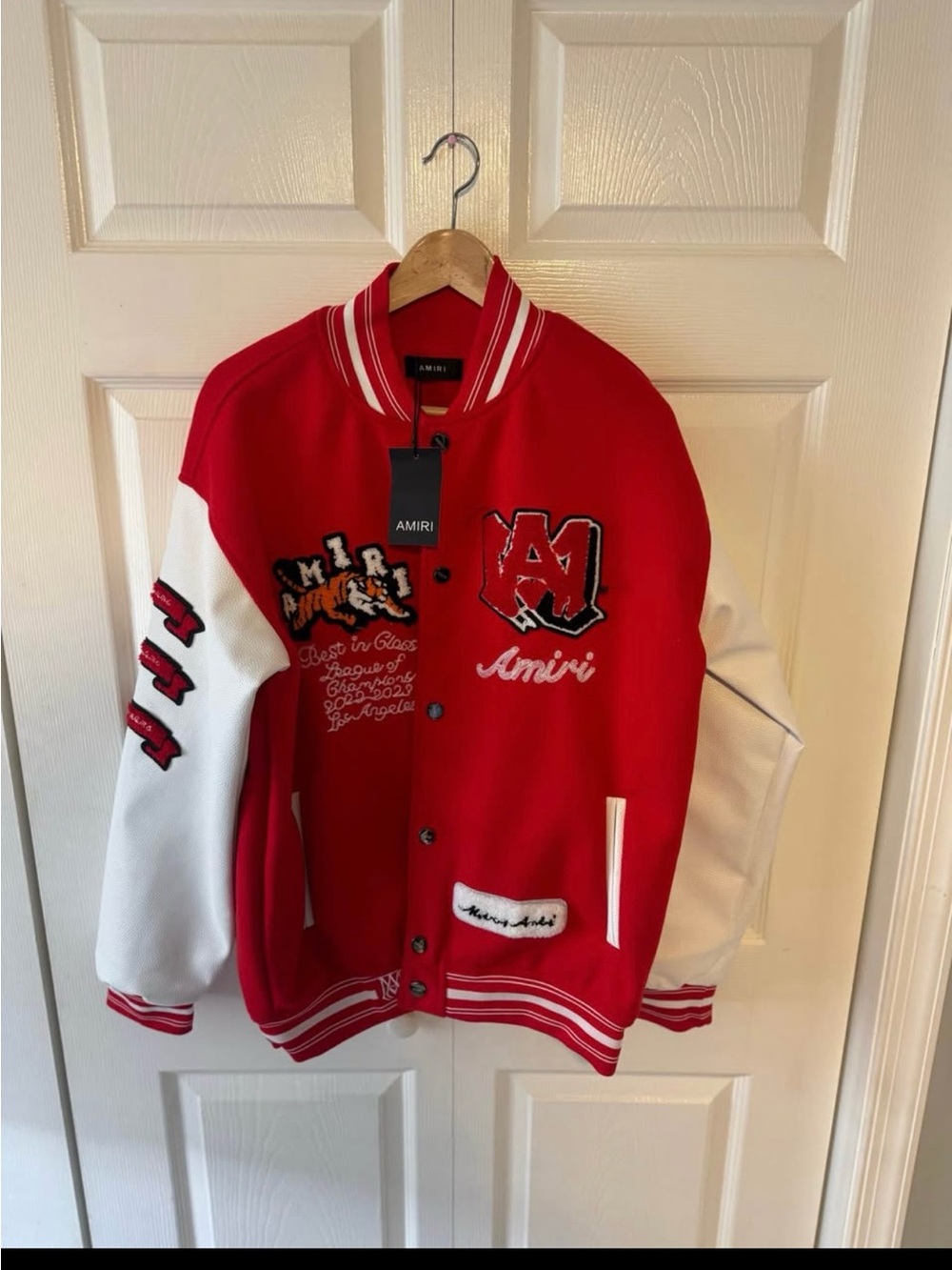 AMIRI Red and White Embroidered Letterman Jacket